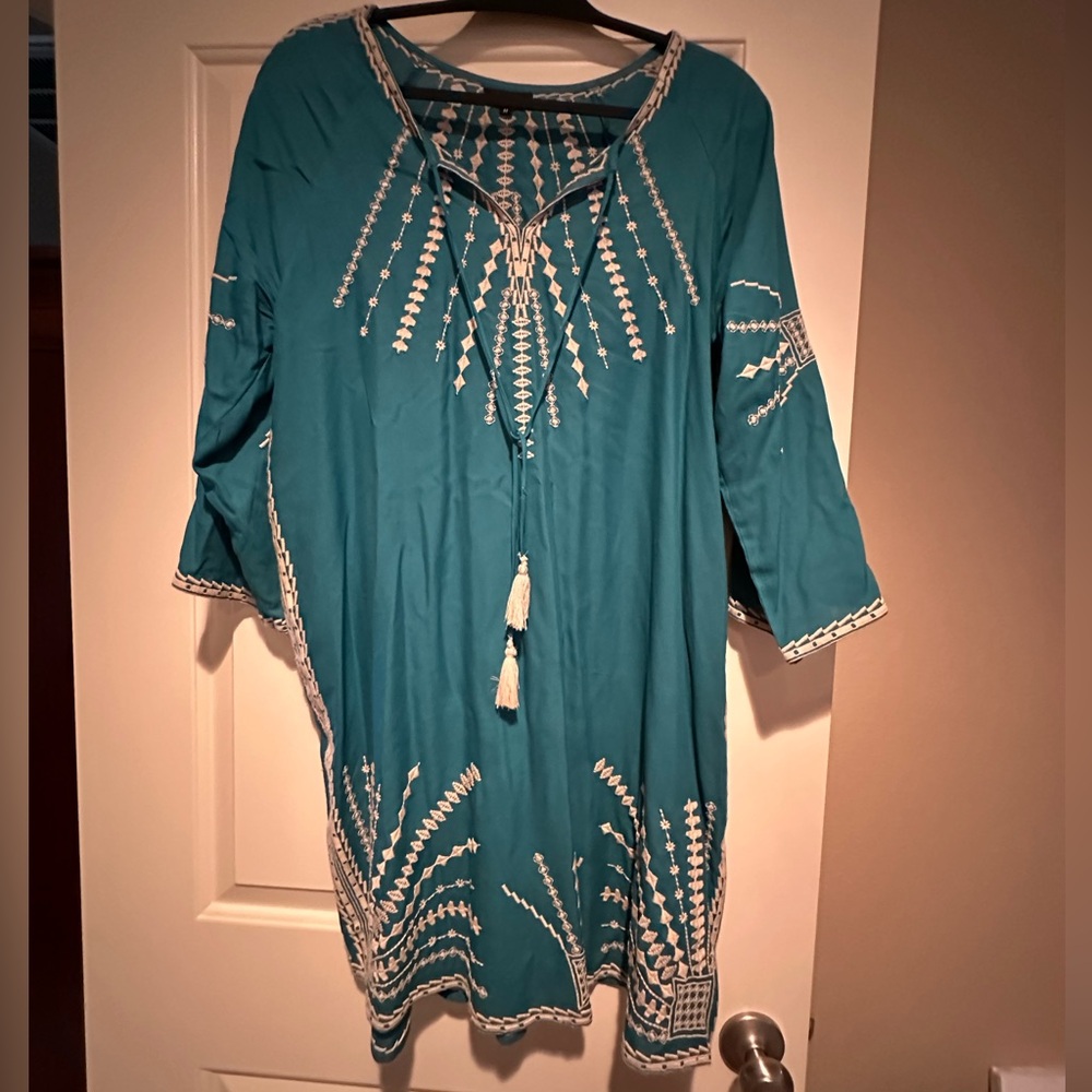 Tolani Teal Embroidered Midi Dress with Tassels
